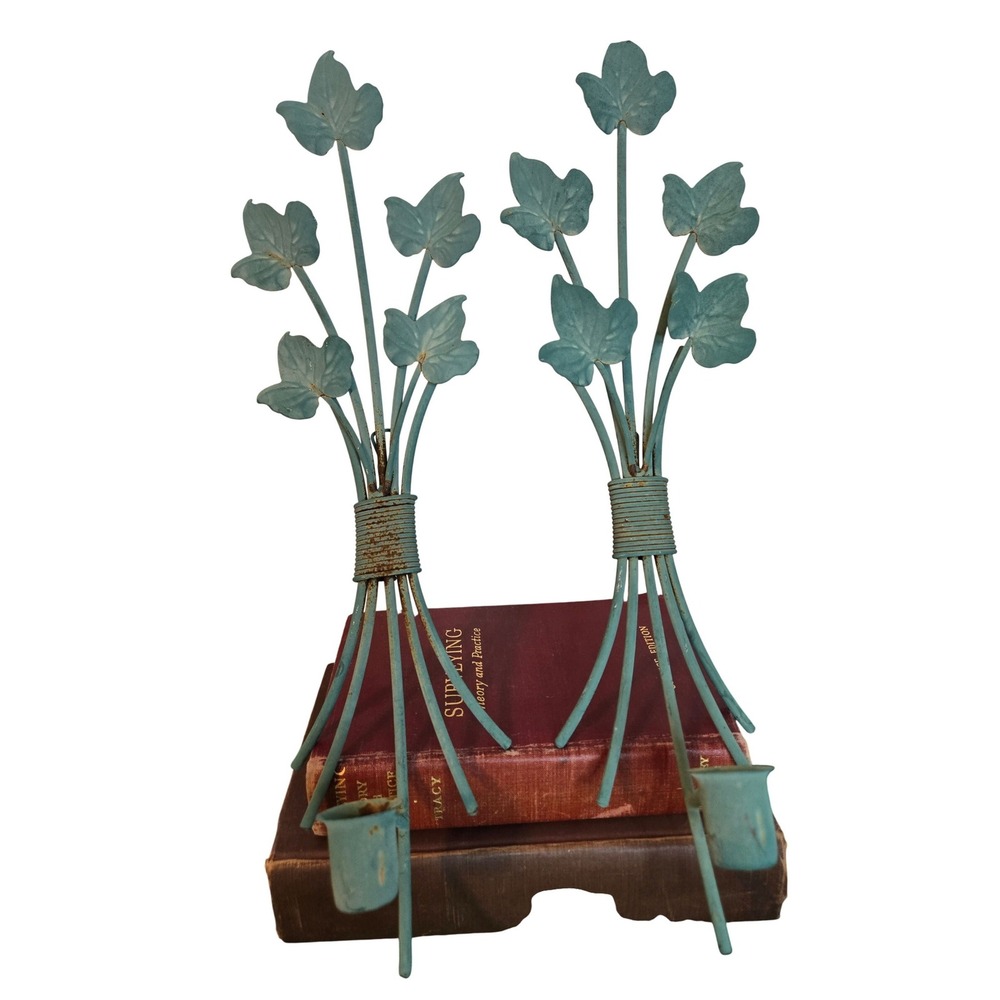 Vintage Ivy Leaf Wall Sconce (Pair of 2) Blue Green Metal‎ Candle Holder